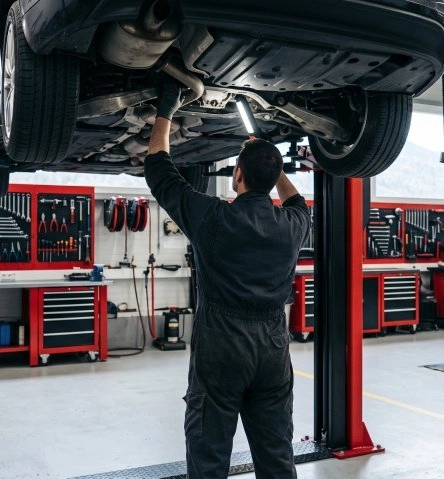 Mécanicien du garage Atekauto sous un véhicule sur pont élévateur à Moûtiers