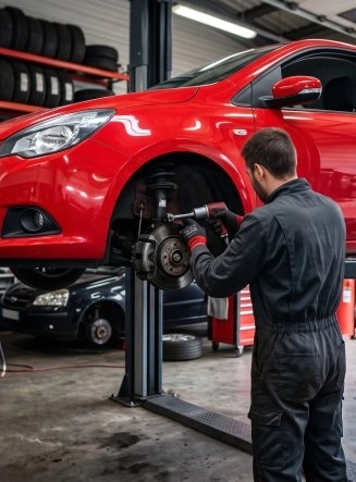 Mécanicien changeant une roue au garage Atekauto
